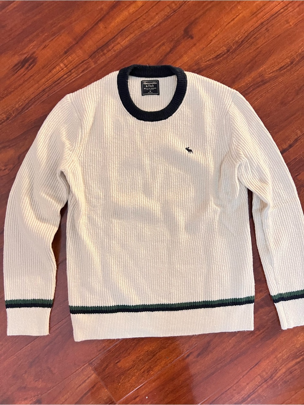 Abercrombie & Fitch Men’s Cream Crewneck Sweater with Black Neck and Green Trim